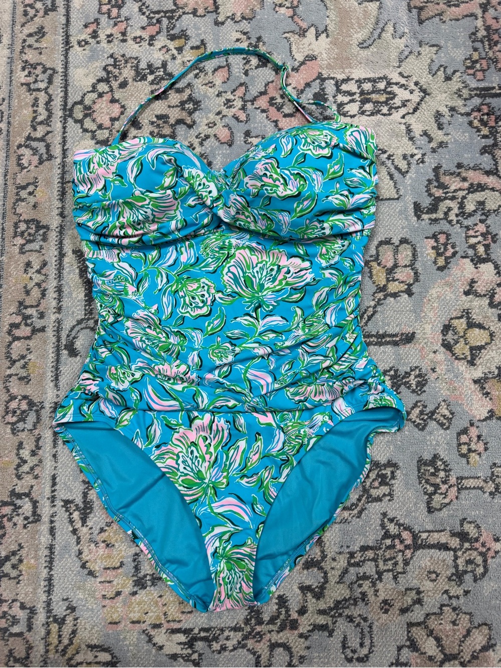 NWOT Lilly Pulitzer Turquoise Floral Ruched One-Piece Swimsuit - Picture 2 of 4